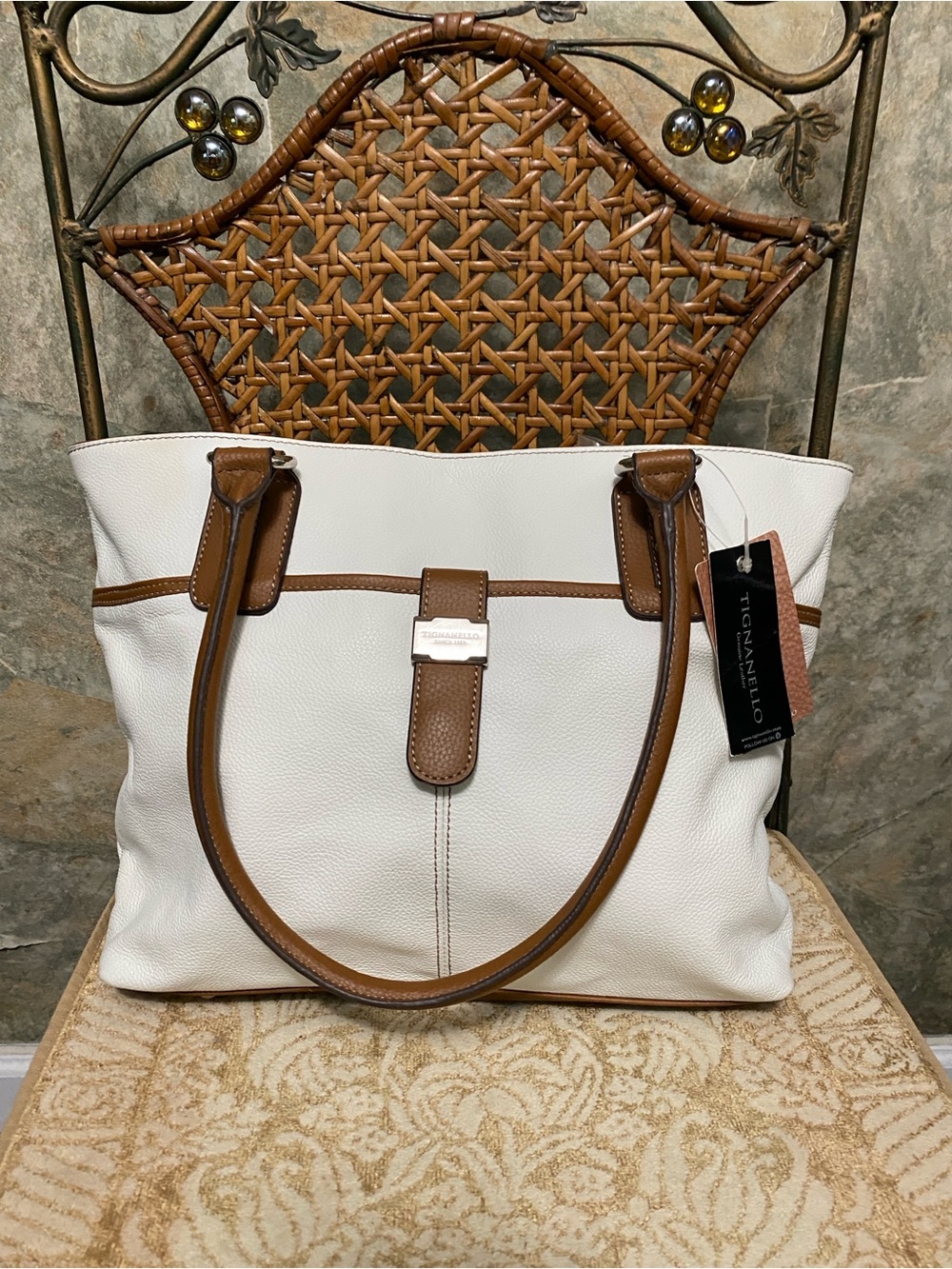 Tignanello purse bag satchel Crossbody messenger briefcase tote white brown